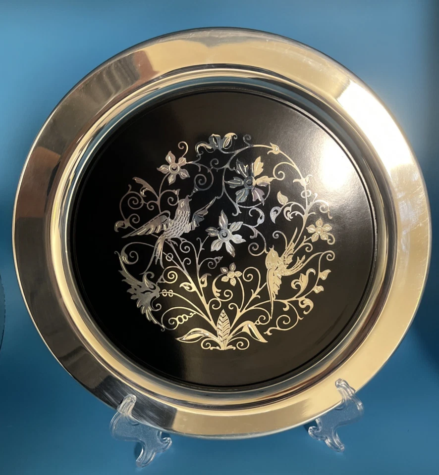 Винтажный бакелитовый дисплей лоток Oneida серебряная пластина черный инкрустация птицы цветочный 10» - Изображение 1 из 4