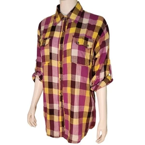 YOM YOM womens colorful plaid button down shirt 3X cotton carved metal buttons - Picture 1 of 10