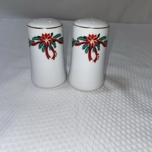 POINSETTIA & RIBBONS CHRISTMAS SALT AND PEPPER SHAKERS. - Picture 1 of 4