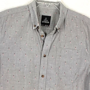 Prana Broderick Chambray Camp Shirt Men L Gray Pink Embroidered Preppy Outdoor - Picture 1 of 9