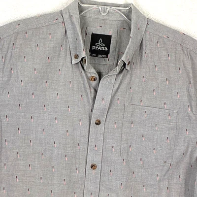 Prana Broderick Chambray Camp Shirt Men L Gray Pink Embroidered Preppy Outdoor - Image 1 of 4