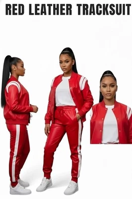 Conjunto de 2 piezas de chándal de cuero PU rojo Brayden para mujer Foto 1 de 4