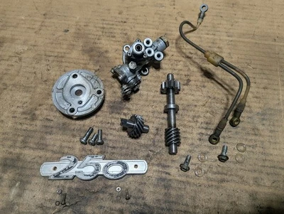 1971 SUZUKI T250 HUSTLER OIL PUMP OIL LINES AND SIDE COVER EMBLEM - Image 1 of 4