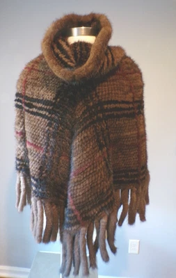 Genuine Farmed Mink Plaid Knitted Poncho with Tassels Cape Jacket Coat M  - NWT - Image 1 of 4