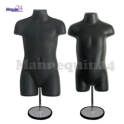 Child & Toddler Torso Mannequins Set - BLACK + 2 Stands + 2 Hangers Kids Forms - Image 1 of 4