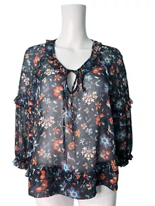 Mango Blouse Top Shirt Size S Womens EU38 Navy Mix Floral Chiffon Tie at Neck - Picture 1 of 9