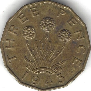 1943, 3 Pence, George VI, circulated (COIN, MONEY, COLLECTIBLE) - Picture 1 of 2