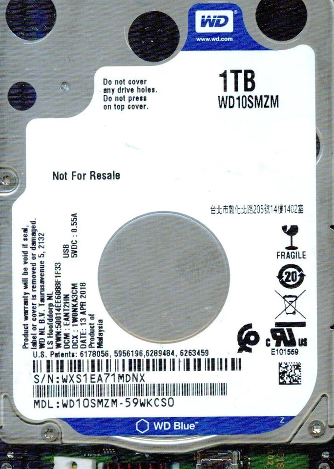 WD10SMZM-59WKCS0,  EANT2HN  USB-C   WESTERN DIGITAL SATA 1TB  WXS1  APR 2018 - Image 1 of 1