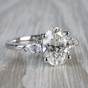 Three Stone 3.84 Carat H/VS1 Oval Cut Lab Grown Diamond Engagement Ring 14k - Picture 1 of 4
