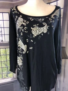 Croft & Barrow XL NWT 3/4 Black Paisley Boat Neck shirt pullover top 🧡 - Picture 1 of 7