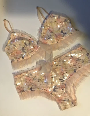 Victorias Secret Very Sexy Darling Pink Sequined Tulle Bralette Panty Set LM NWT - Image 1 of 4