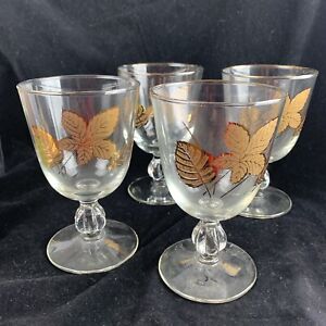 Vintage/ Set of 4 Libbey Wine Glasses Gold Leaf Design 6" Tall /Hold 8 oz MCM