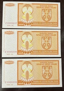 1993 UNC 500 Million Dinara Consecutive Replacement Notes Krajina (Lot of 3) - Picture 1 of 2