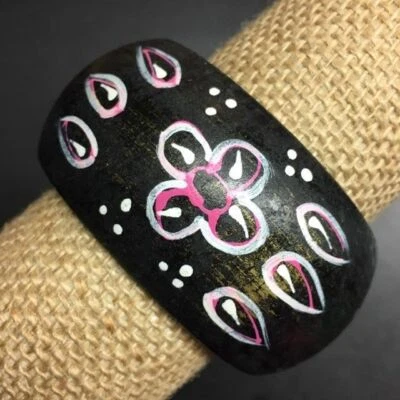 Brazalete Brazalete Madera Pintado a Mano Flor Negro Blanco Rosa Oro Retro BoHo Foto 1 de 4