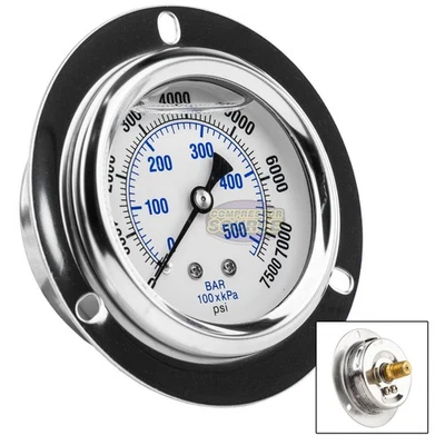 2.5" Liquid Filled Pressure Gauge 0-7500 PSI 1/4" NPT CBM Panel Flush Mount - Image 1 of 4