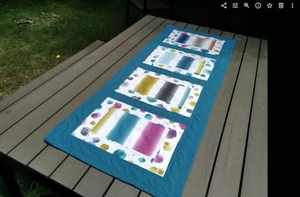Patch work table runner. Bright abstract pattern + teal. Machine quilted - Picture 1 of 7