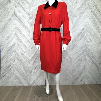 Vintage 80s Valentino Boutique Long Sleeve Red Wool Dress Black Velvet Trim - Image 1 of 4