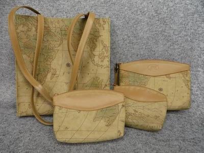 Vintage Allen Edwards Geo Map Tote Bag Set Italy Purse Travel Pouches Leather - Image 1 of 4
