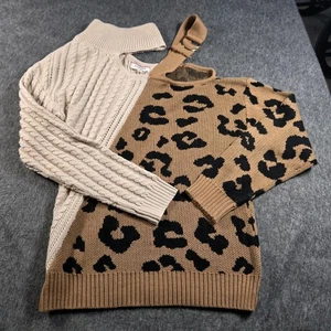 Andree by Unit Sweater Womens Small Tan Leopard Beige Cable Knit One Shoulder - Picture 1 of 11