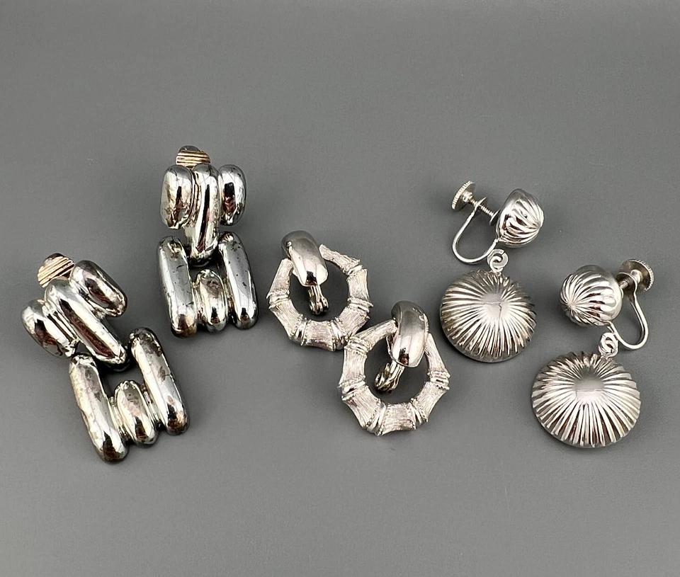 Lote de 3 Pendientes de Clip de Diseñador Vintage Tono Plata Colgantes Gota Todos Firmados Foto 1 de 4