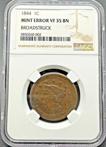 MINT ERROR 1844 BROADSTRUCK LARGE CENT NGC VF35 BN 09EGD25 - Picture 1 of 4