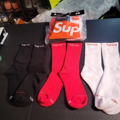 Supreme X Hanes Crew Socks - 3 Pairs -1Black-1Red-1White. - Image 1 of 2