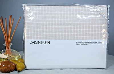 Sábanas Queen CALVIN KLEIN Algodón Pesado Franela Beige Taupe Cuadros Ajuste Profundo Foto 1 de 4