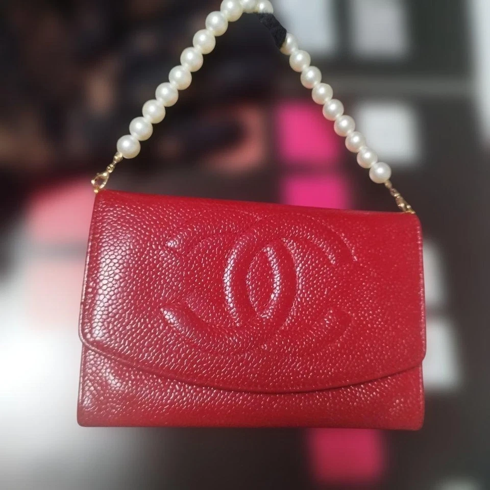 CHANEL Red Caviar Wallet on Chain Gold Pearl Strap Crossbody Purse Used Japan - Image 1 of 4
