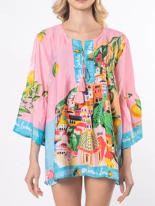ANTICA SARTORIA 2025 CAPRI BY THE SEA GEORGOUS BLUE/PINK TOP/BLOUSE L/XL NWT - Picture 1 of 6