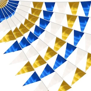 65FT Navy-Blue White Gold Triangle Pennant Banner Flag Metallic Fabric Buntin... - Picture 1 of 5