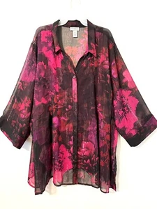 Catherines 4X Button Front Burgundy & Black Floral 3/4 Sleeve Metallic Thread - Picture 1 of 6
