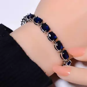 Blue Sapphire - Simulated 925 Sterling Silver Tennis Bracelet 7.99" B973569027 - Picture 1 of 4