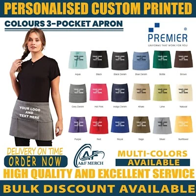 PREMIER Personalisierte individuelle Farben 3 Taschen Schürze Cafe Restaurant Bar Ihr Text PR155