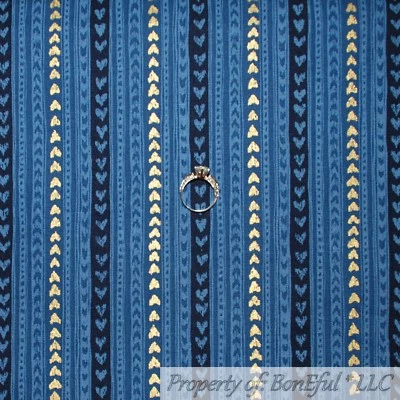 BonEful FABRIC FQ Cotton Quilt Blue Gold Metallic Heart Antique Ticking Stripe S - Image 1 of 4
