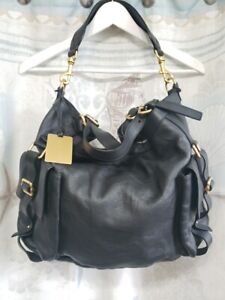Escada Black Leather Large Pocket Front Shoulder Handbag Weekend Hobo Bag NWT