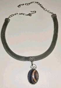 Antik viktorianisch silberfarben Netz schottischer Achat Anhänger Halskette Halsband - Bild 1 von 10