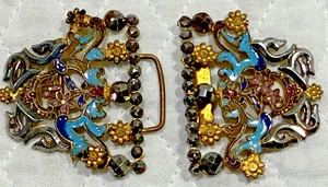 ANTIGUO ART NOUVEAU Victoriano Damas 2 Piezas Joyas y Esmalte Latón Hebilla Cinturón - Imagen 1 de 5