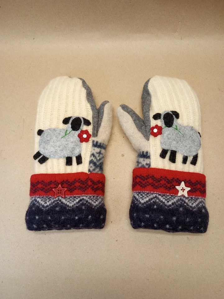 Sheep Pattern Handmade Wool Sweater Mittens Fleece Lined Cuff Mitts Thick & Warm - Image 1 of 4