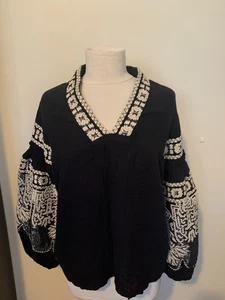 Mes Demoiselles black cotton shirt with embroidered sleeves, s 1, Gorgeous, arty - Picture 1 of 12
