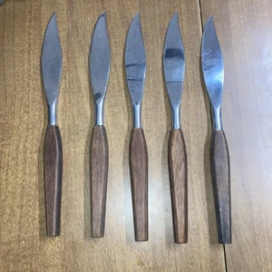 5 Moderna Columbia Stainless Steel Danish Modern Teak Handle Steak Knives MCM - Picture 1 of 4