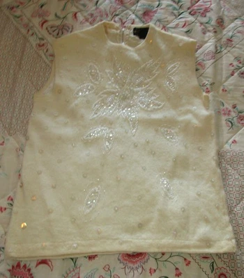 Suéter sin mangas vintage Grande Madison Blanche lentejuelas cuentas crema lana de cordero Foto 1 de 4
