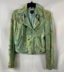 Guess Women's Green Floral Perforated Suede Moto Jacket Size Medium Zip Pockets - Picture 1 of 7