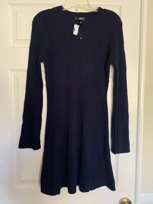 NWT Aqua Cashmere 100% Cashmere Navy Ribbed Crewneck Long Sleeve Mini Dress, CL - Image 1 of 4