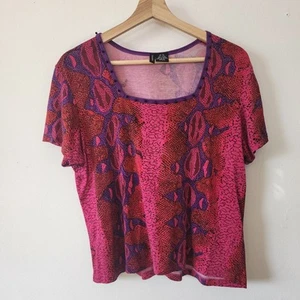 Camicia vintage Y2K Lynn Ritchie misto seta cotone manica corta stampa animalier XL - Foto 1 di 4