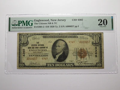 $10 1929 Englewood New Jersey NJ National Currency Bank Note Bill Ch. #4365 VF20 - Image 1 of 4