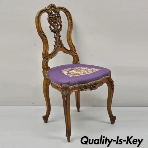 Antique French Louis XV Style Victorian Mahogany Side Chair Purple Needlepoint Cover