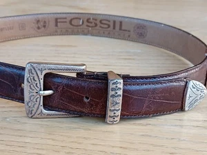 Fossil Brown Distressed Leather Belt Silver Hardware - Picture 1 of 6