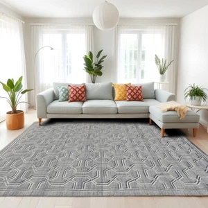 Handmade Geometric Wool Area Rug, Blue/White, For Entryway, Kitchen & Bedroom - Picture 1 of 11