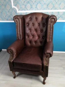 Echter Leder Chesterfield Ohrensessel Sessel Couch Sofa Polster Sitz Antik Neu - Bild 1 von 3