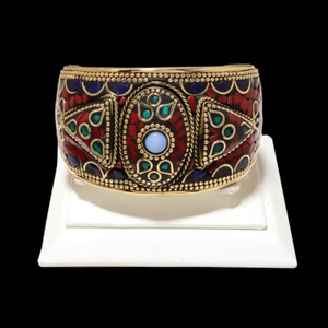 Blue Lapis, Onyx & Red Coral Gemstone Tibatan Antique Handmade  Style Cuff - Picture 1 of 1